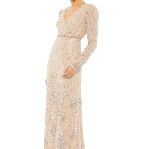 MAC DUGGAL 10769 SEQUINED FLORAL EMBELLISHED LONG SLEEVE SILVER NUDE GOWN sz 12 - Picture 6 of 6